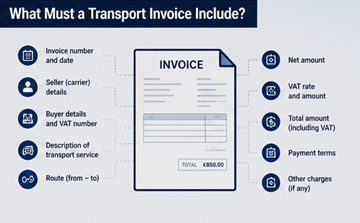 Invoice document fields including company details VAT number transport costs and shipment information